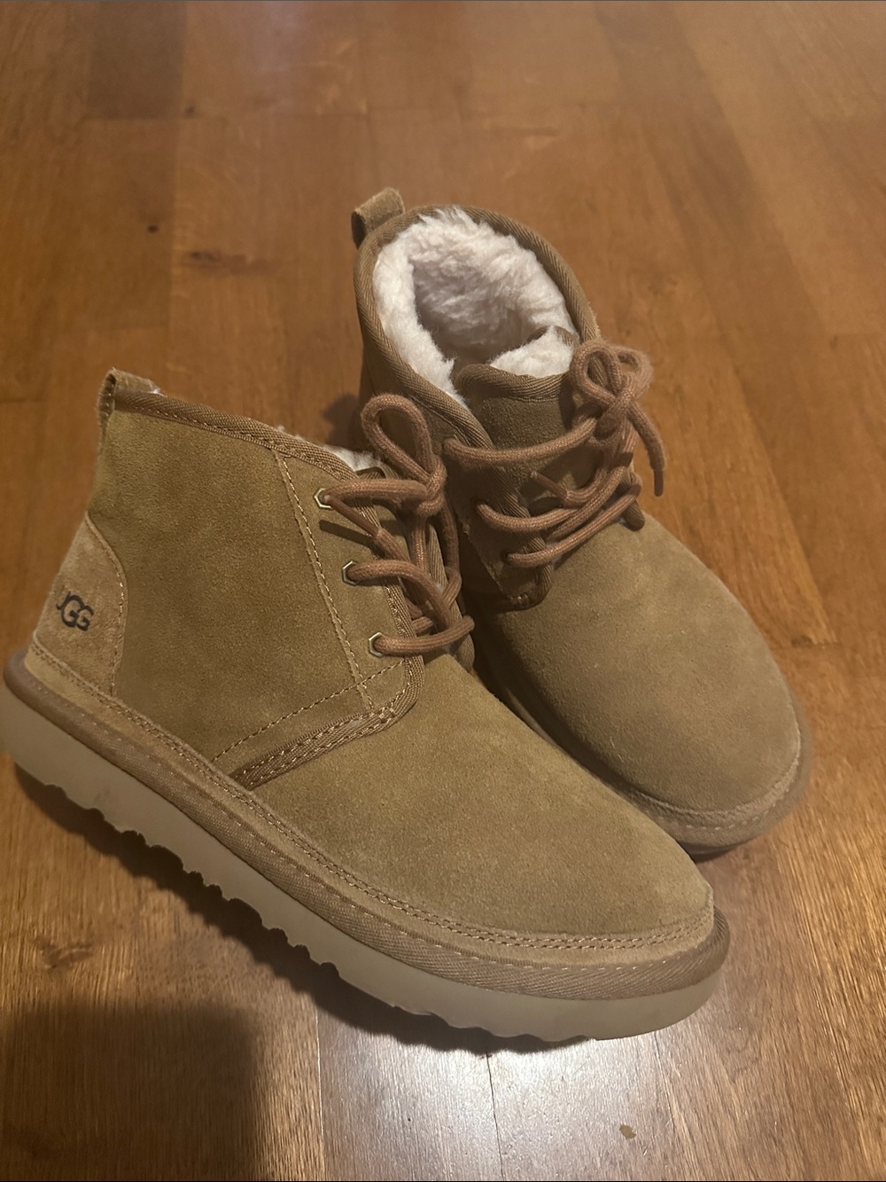 Kids UGG Neumal Tan Suede Shearling-Lined Lace-Up Boots